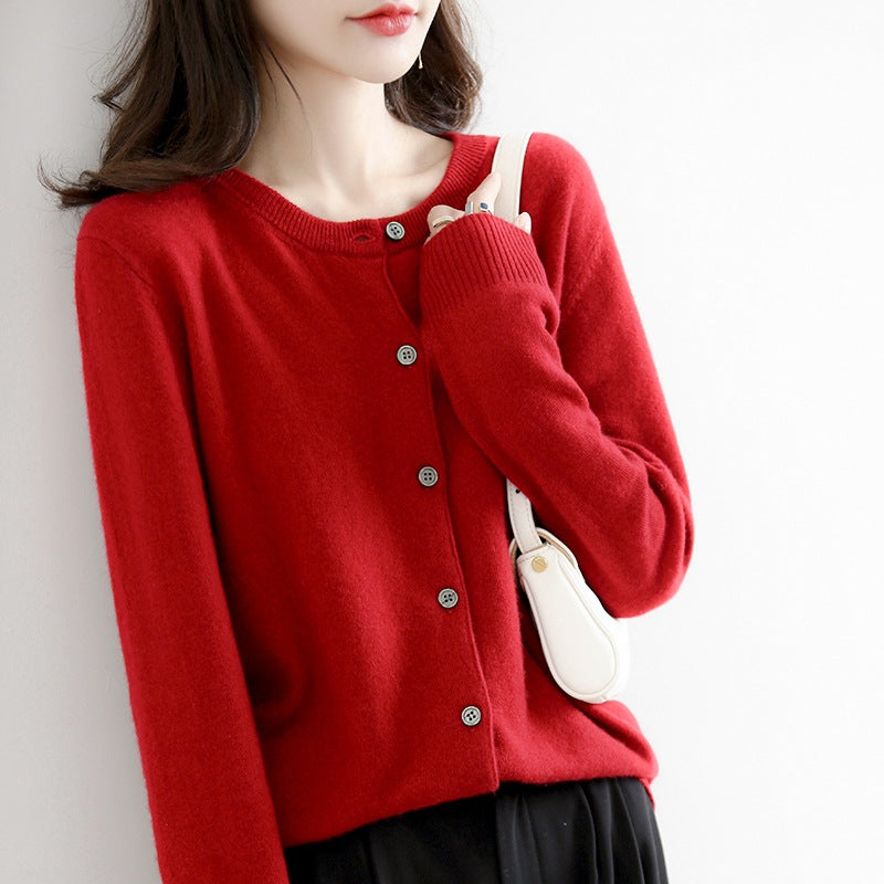 Women'S Elegant Office Chic Solid Color Rib-Knit Round Neck Long Sleeve Casual Knitted Sweater Coats