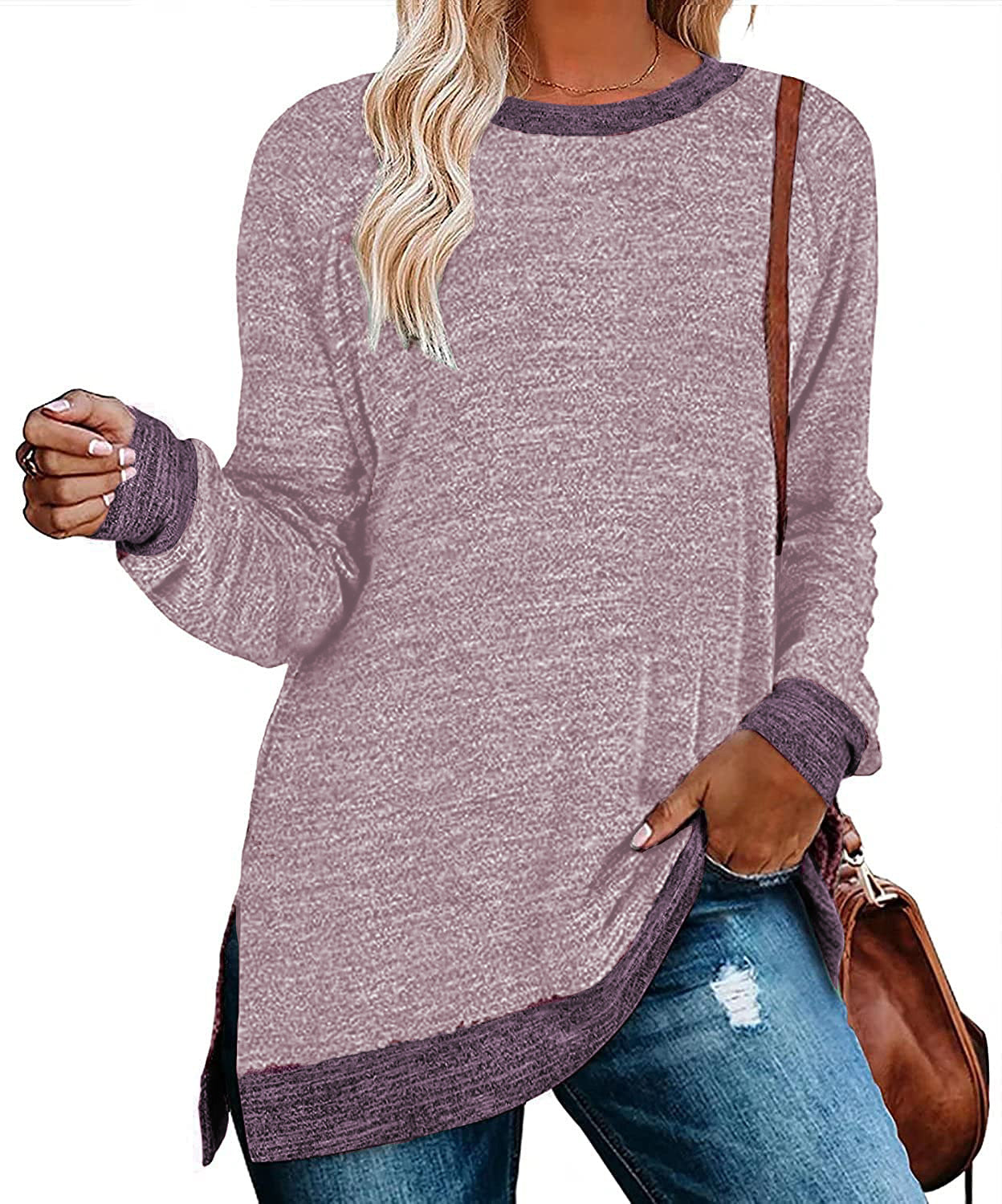 Camiseta informal de manga larga con cuello redondo y abertura en color para mujer