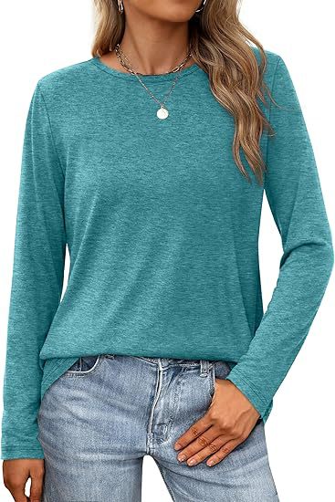 Camiseta informal de verano para mujer, color liso, cuello redondo, manga larga, en blanco