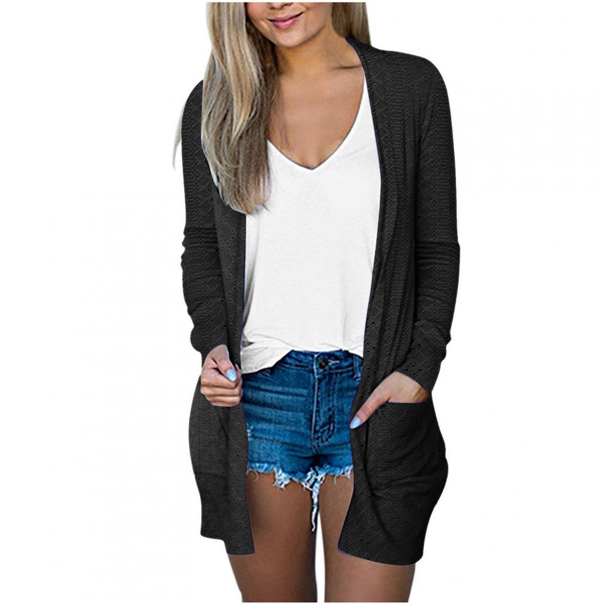 Abrigo informal holgado de manga larga con bolsillos en color liso para mujer