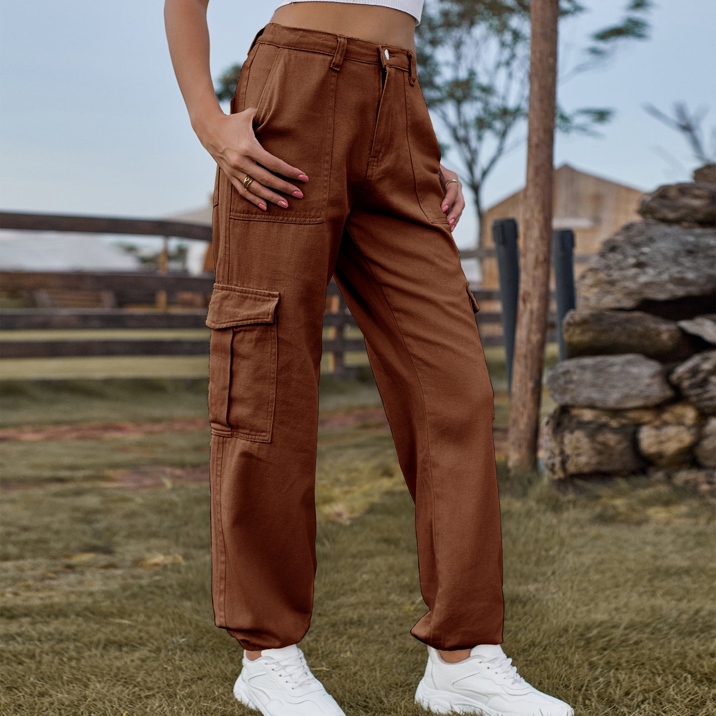 Women Fashion Casual High Waist Denim Cargo Pants