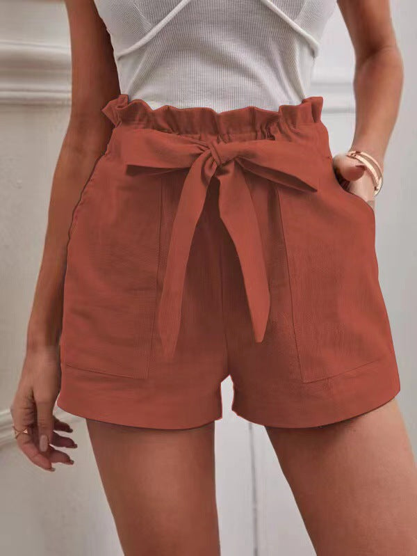 Women Casual Solid Color High Waist Bowknot Lace-Up Loose Shorts
