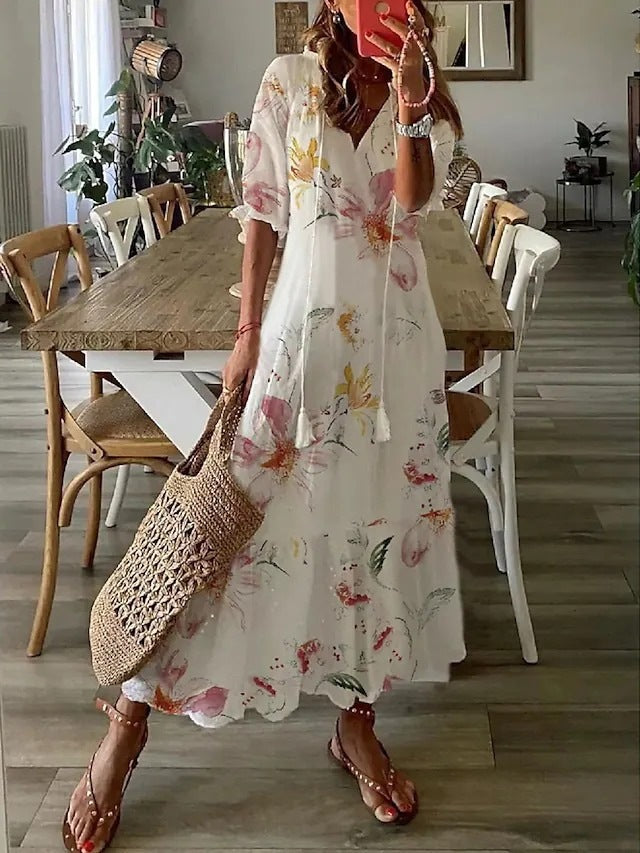 Women Casual Loose V Neck Floral Maxi Dress