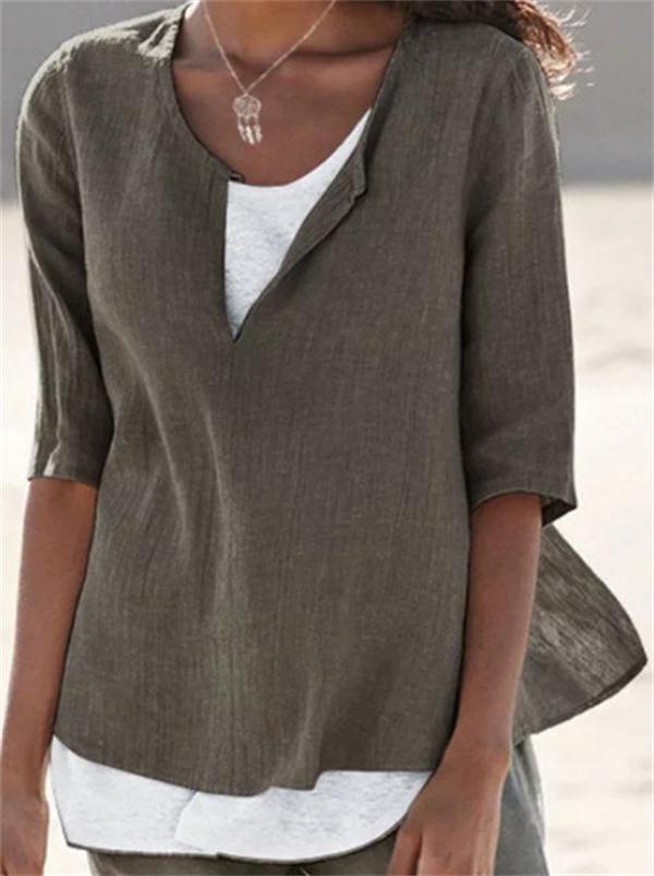 Blusa informal de lino con cuello en V y color liso para mujer