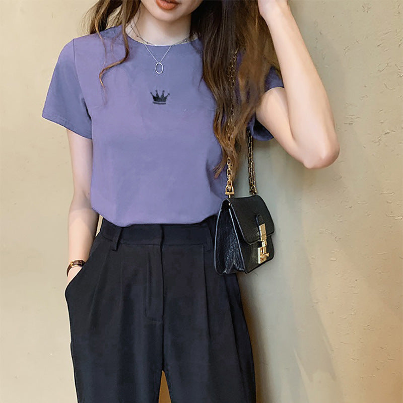 Camiseta básica informal de manga corta con cuello redondo y color liso para mujer