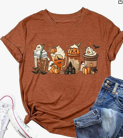 Camiseta informal de manga corta con cuello redondo y estampado de hojas de arce para mujer