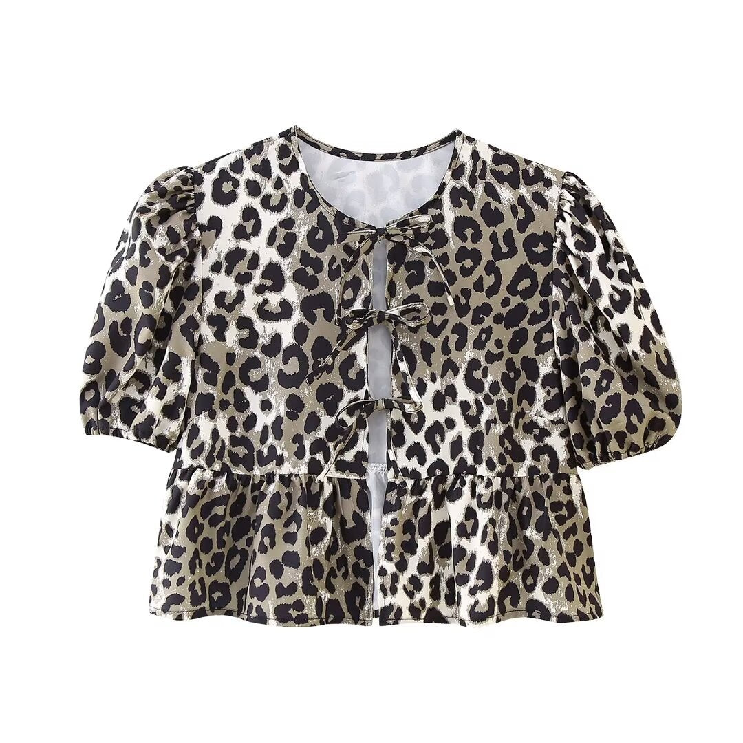 Blusa informal de leopardo con volantes, mangas abullonadas y lazo para mujer