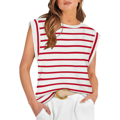 Camiseta informal holgada de verano con rayas y color liso para mujer
