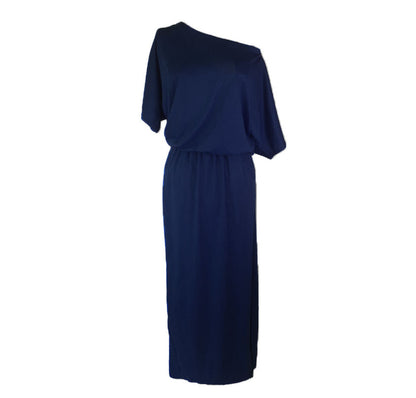 Women Casual Basic Solid Color Short Sleeve Summer Oblique Shoulder Side-slit Pocket Loose Dress
