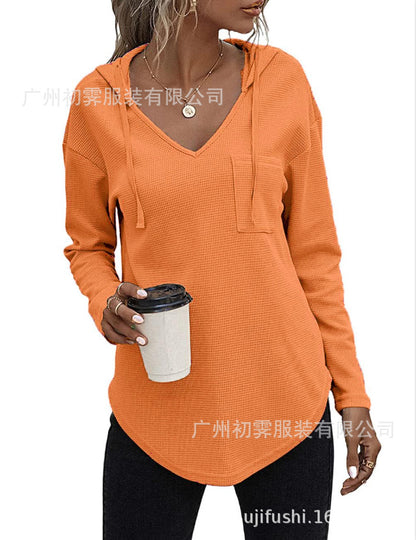 Women Fashion Casual V-Neck Drawstring Long Sleeve Hoodies