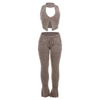Conjunto de top y pantalones acampanados informales de cintura alta con cuello halter de punto sexy para mujer de otoño