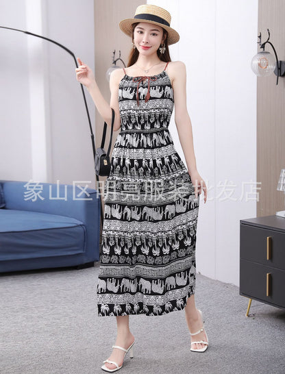 Women Fashion Casual Irregular Printing Sling Long Dress