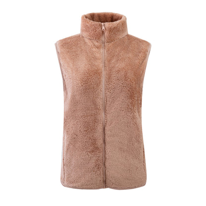 Chaleco informal de invierno de lana de color liso con cuello alto sin mangas para mujer