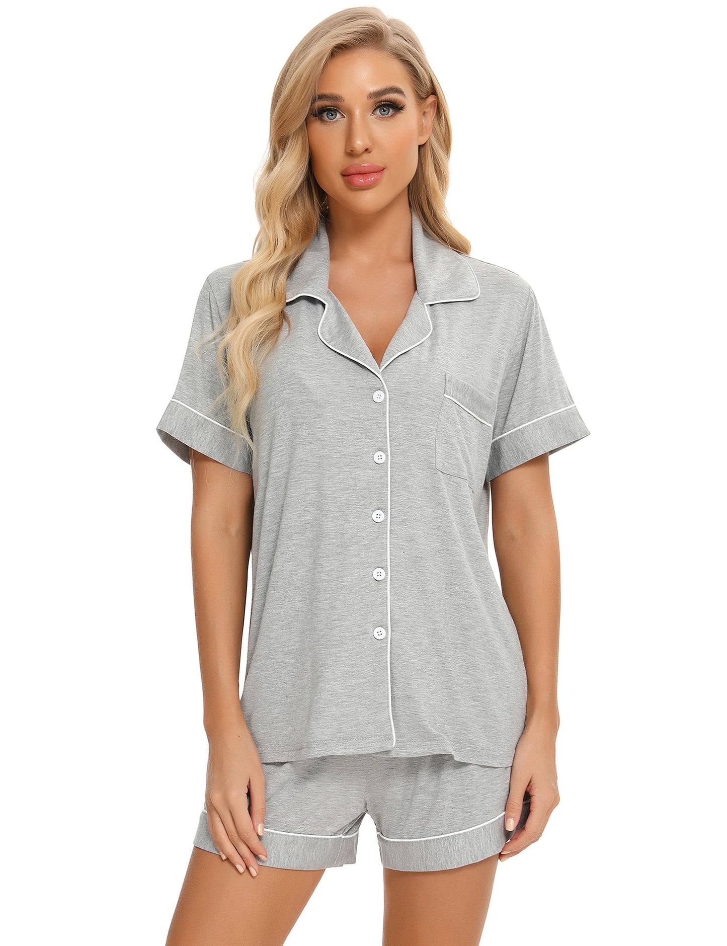 Pijama de dos piezas de verano para mujer, transpirable, informal, con solapa y manga corta.