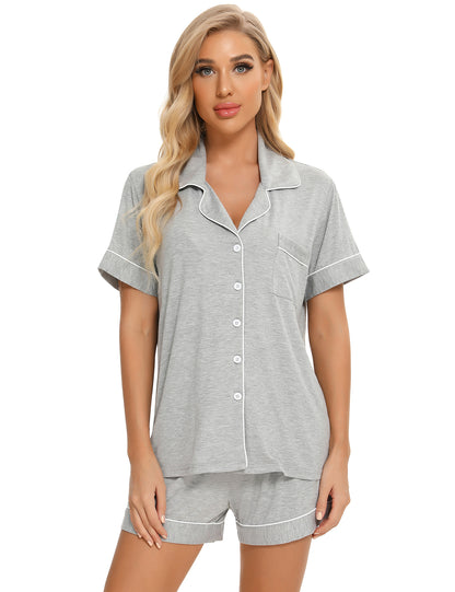 Pijama de dos piezas de verano para mujer, transpirable, informal, con solapa y manga corta.