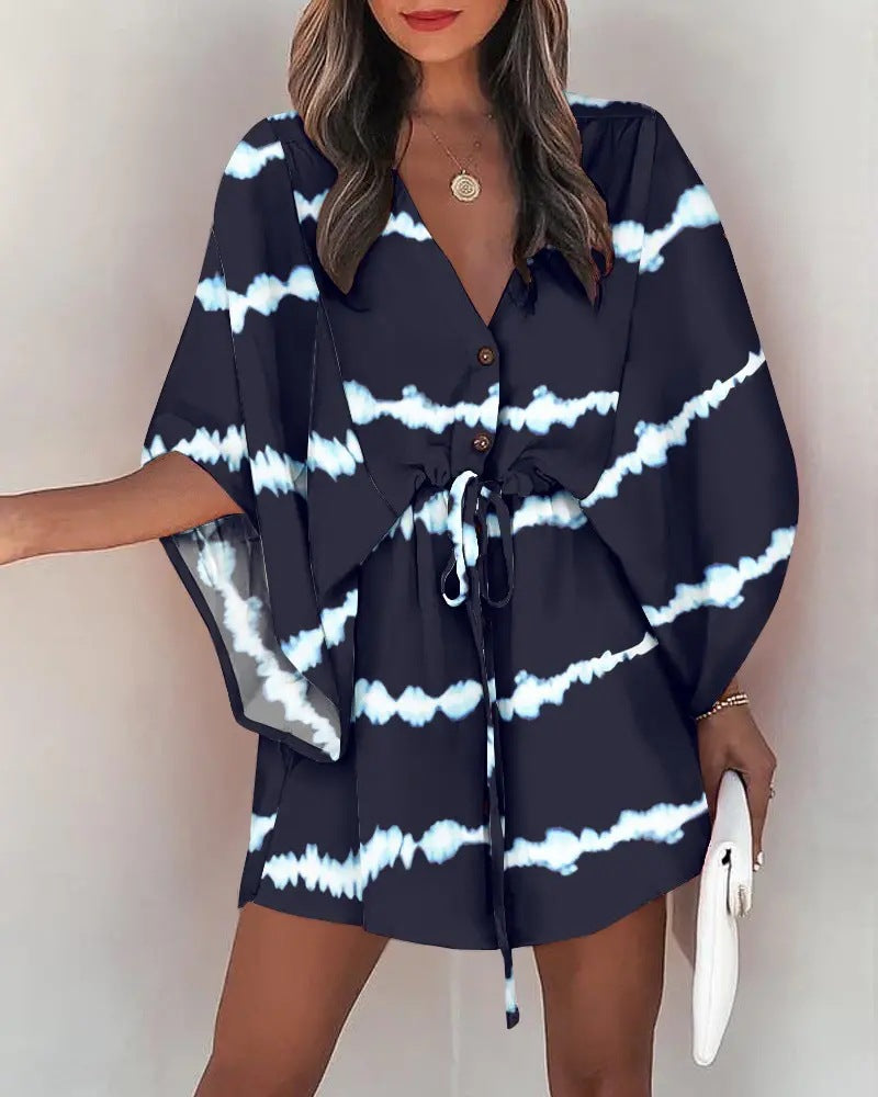 Women Elegant Bohemian Summer Short Sleeves V Neck Casual Bandage Holiday Dress
