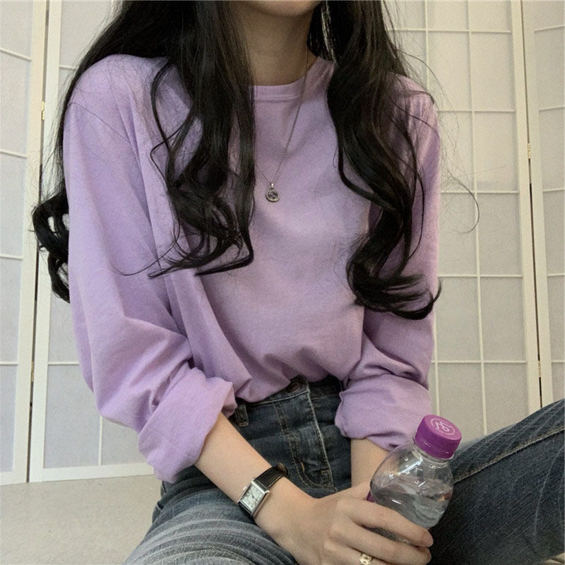 Camiseta informal de manga larga con cuello redondo y color liso para mujer