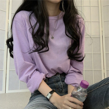 Camiseta informal de manga larga con cuello redondo y color liso para mujer