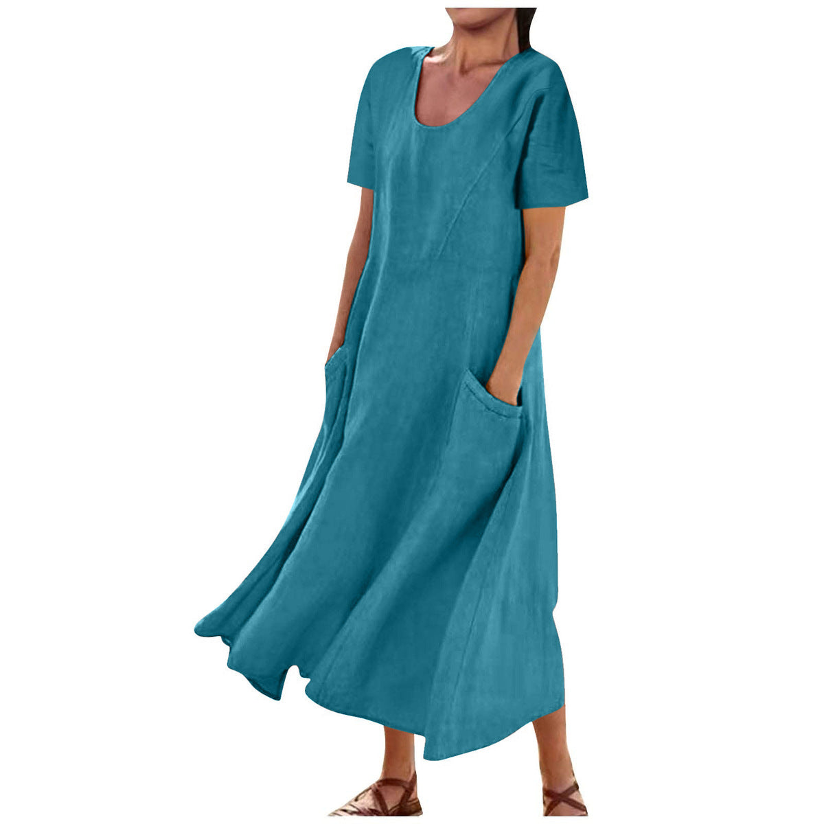 Women Casual Solid Color Cotton Linen Round Neck Short Sleeve Loose Dress