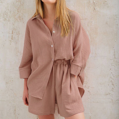 Conjunto de pijama para mujer, de color liso, informal, de manga larga y pantalones cortos para el hogar