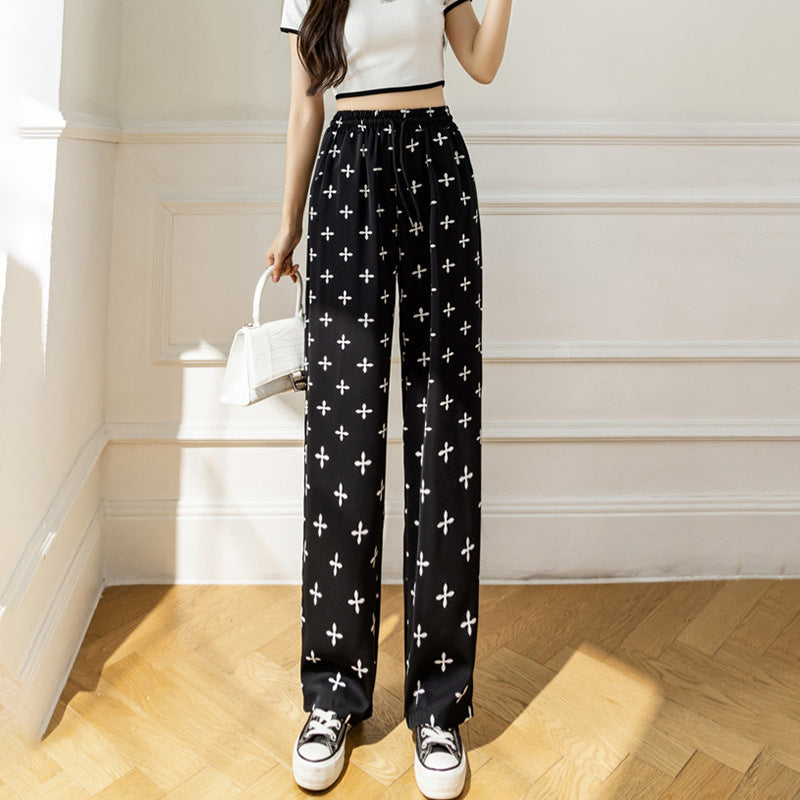 Women Summer Basic Casual Tie-Dye High Waist Ice Silk Wide-Leg Trousers