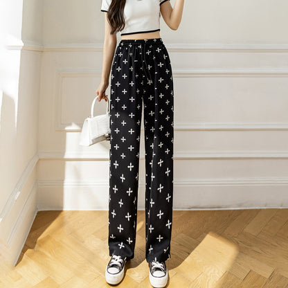 Women Summer Basic Casual Tie-Dye High Waist Ice Silk Wide-Leg Trousers