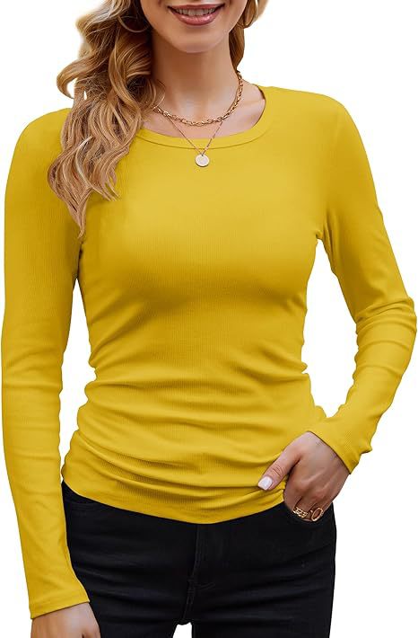 Camiseta informal de manga larga con cuello redondo y ribete de color liso para mujer