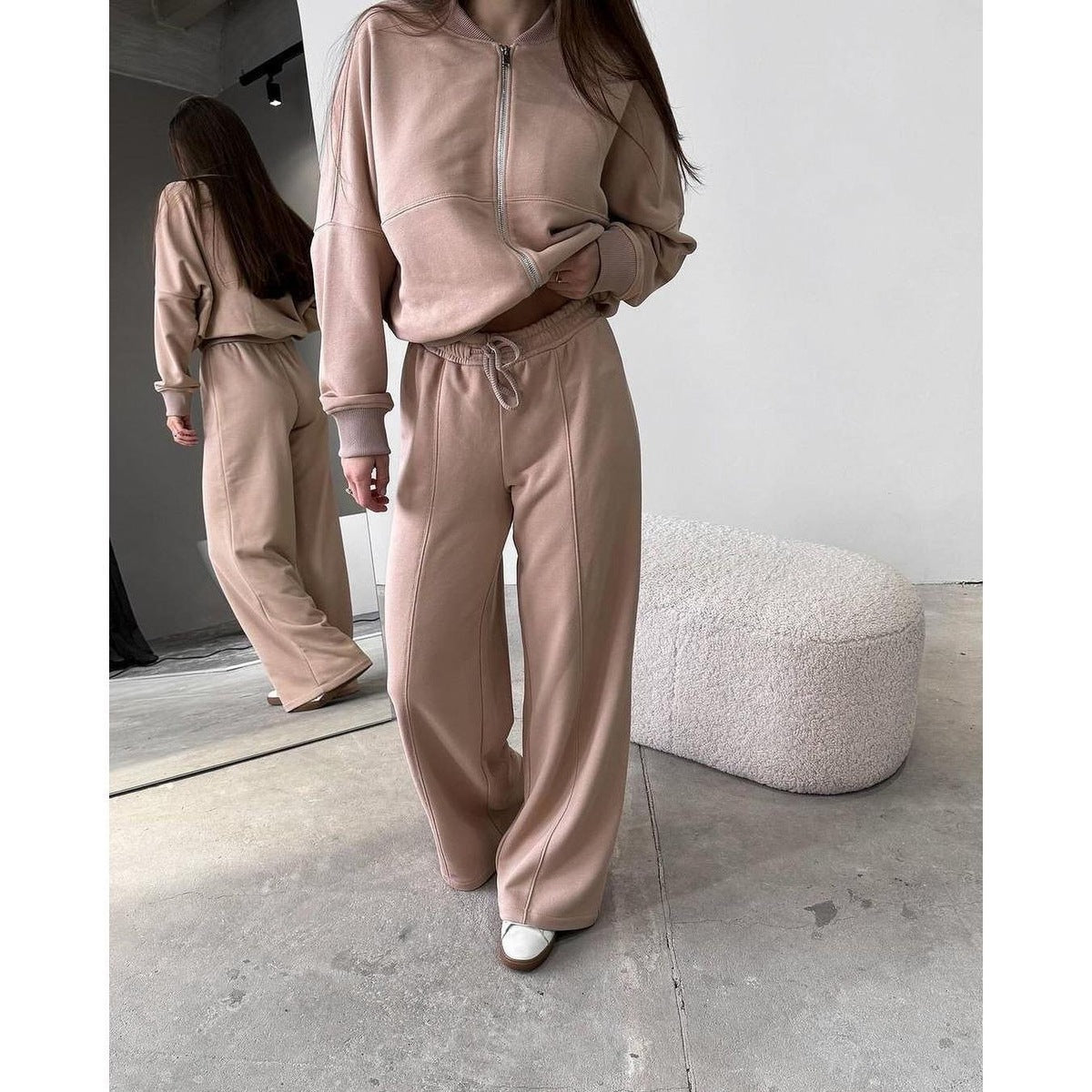 Fall Winter Women Fashion Simple Zipper Sweatshirt Jacket Casual Straight Leg Pants Set