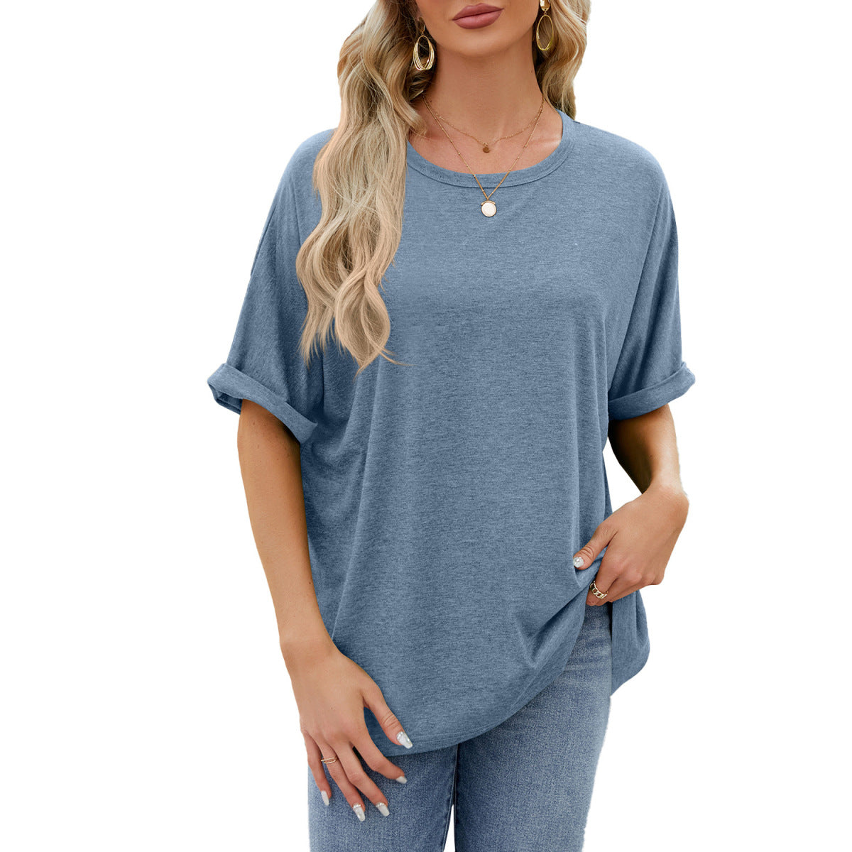 Camiseta informal de verano para mujer, color liso, cuello redondo y manga corta