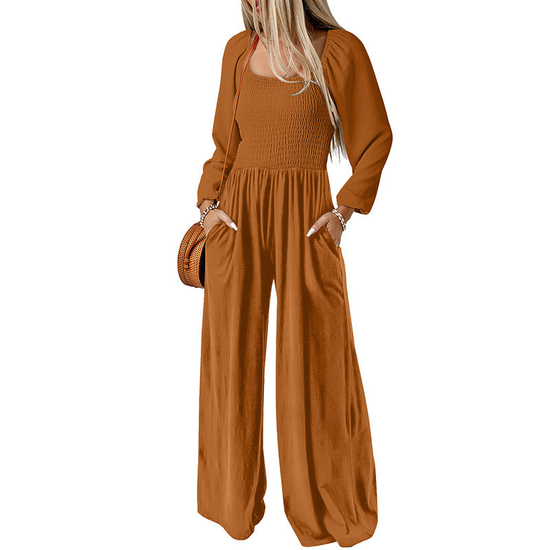 Women Fashion Casual Solid Color Square Collar Long Sleeve High Waist Wide Leg Jumpsuits