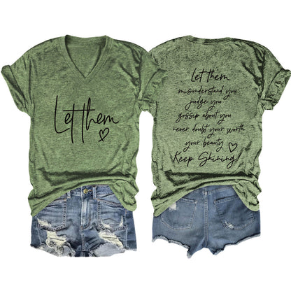 Camiseta informal de verano para mujer con estampado de letras de doble cara y cuello en V de manga corta