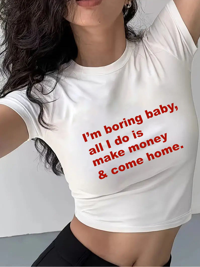 Camiseta corta informal de verano para mujer con estampado floral y letras, cuello redondo y manga corta