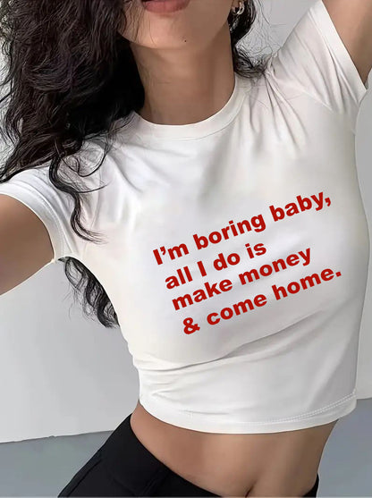 Camiseta corta informal de verano para mujer con estampado floral y letras, cuello redondo y manga corta