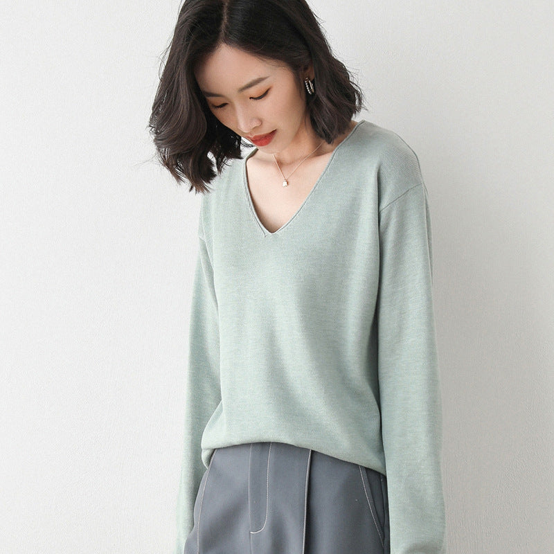Women Fashion Casual Solid Color Round Neck V-Neck Long Sleeve Sweater