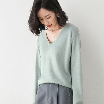Women Fashion Casual Solid Color Round Neck V-Neck Long Sleeve Sweater