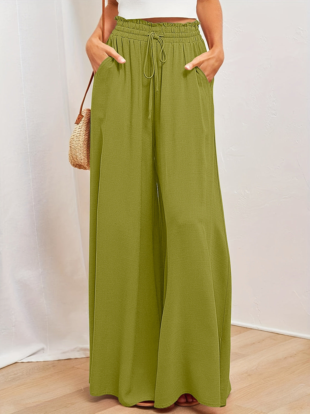 Women Fashion Casual Loose Solid Color Drawstring High-Waist Wide Leg Pants