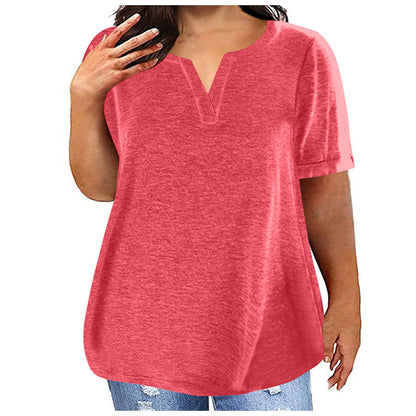 Women Casual Plus Size Solid Color V-Neck Short Sleeve Pocket T-Shirt