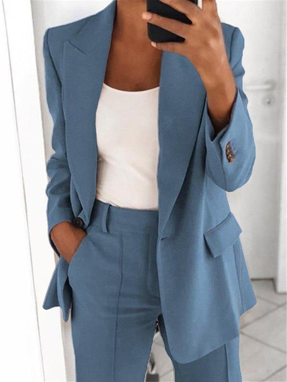 Conjunto de dos piezas de chaqueta y pantalón con solapa informal para mujer