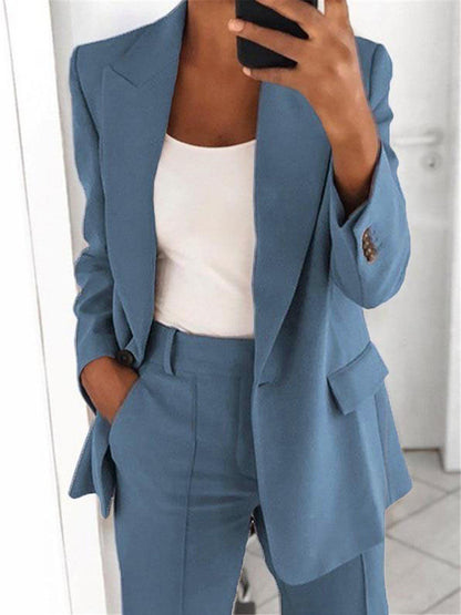 Conjunto de dos piezas de chaqueta y pantalón con solapa informal para mujer