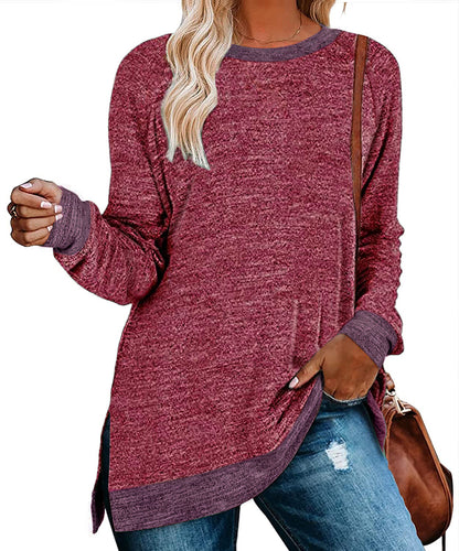 Camiseta informal de manga larga con cuello redondo y abertura en color para mujer