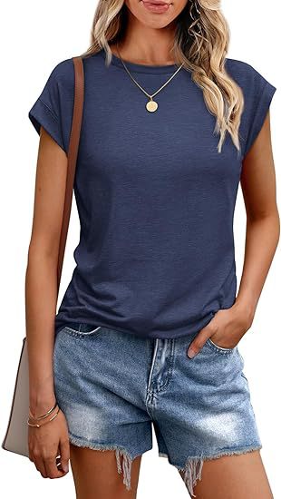 Camiseta informal de verano para mujer, color liso, cuello redondo, manga corta, sin mangas