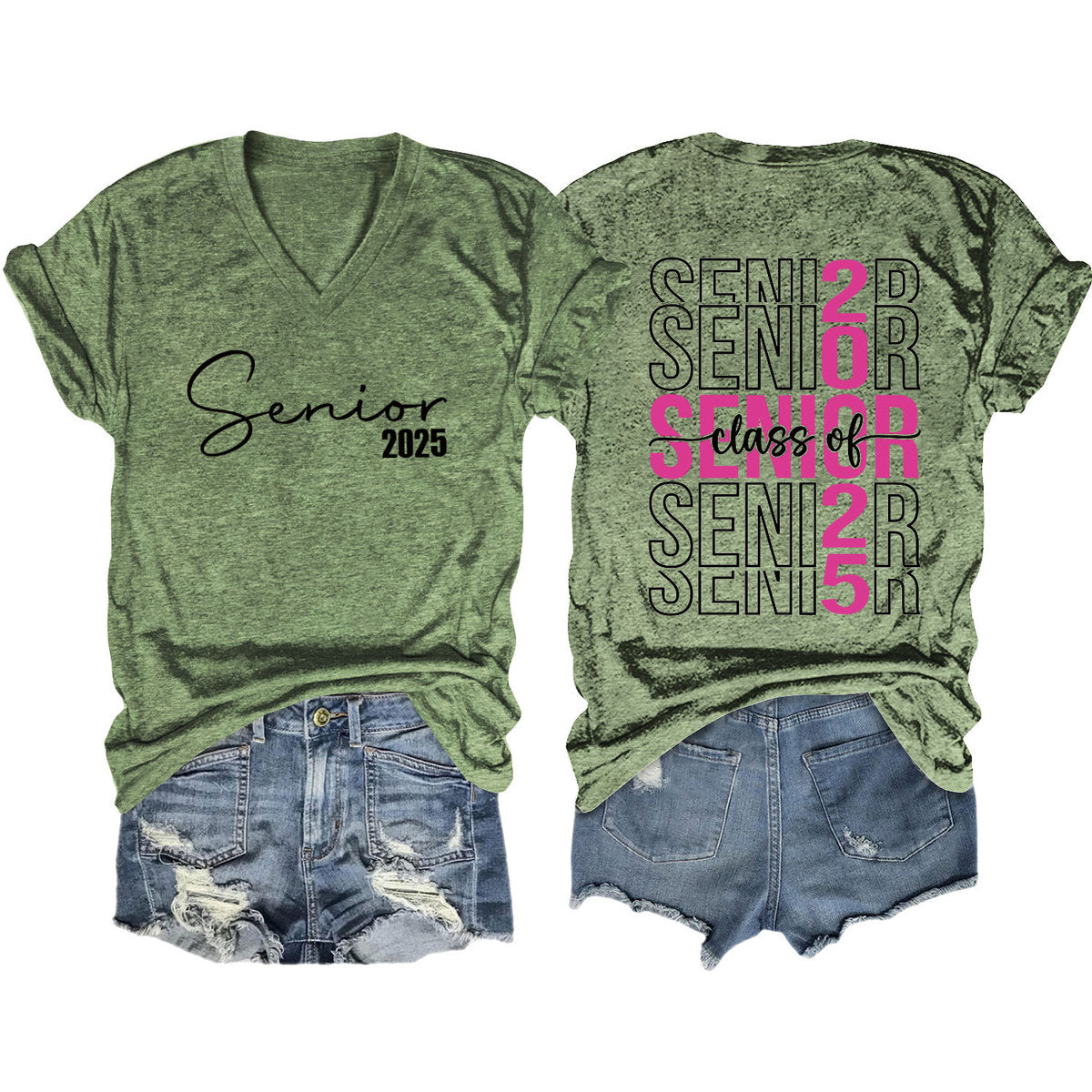 Camiseta informal de manga corta con cuello en V y estampado de letras para mujer 2025