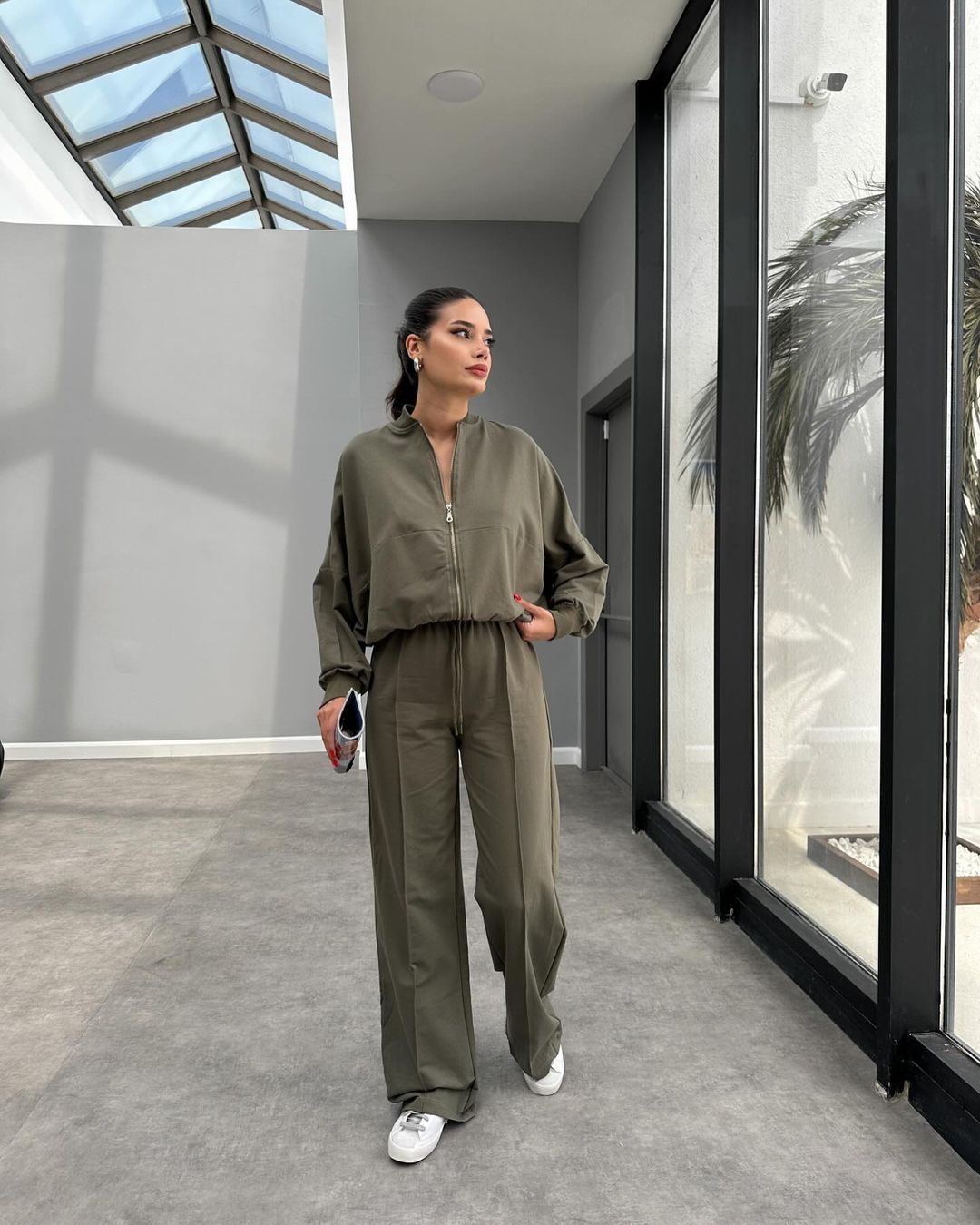 Fall Winter Women Fashion Simple Zipper Sweatshirt Jacket Casual Straight Leg Pants Set