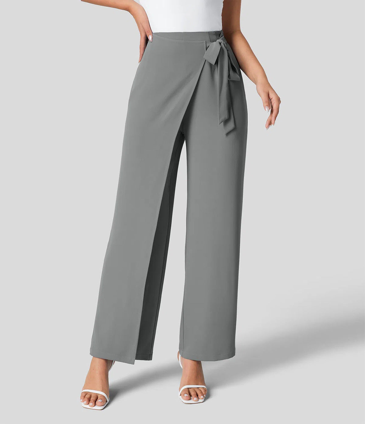 Women Fashion Casual Solid Color Lace-Up Wide Leg Pants