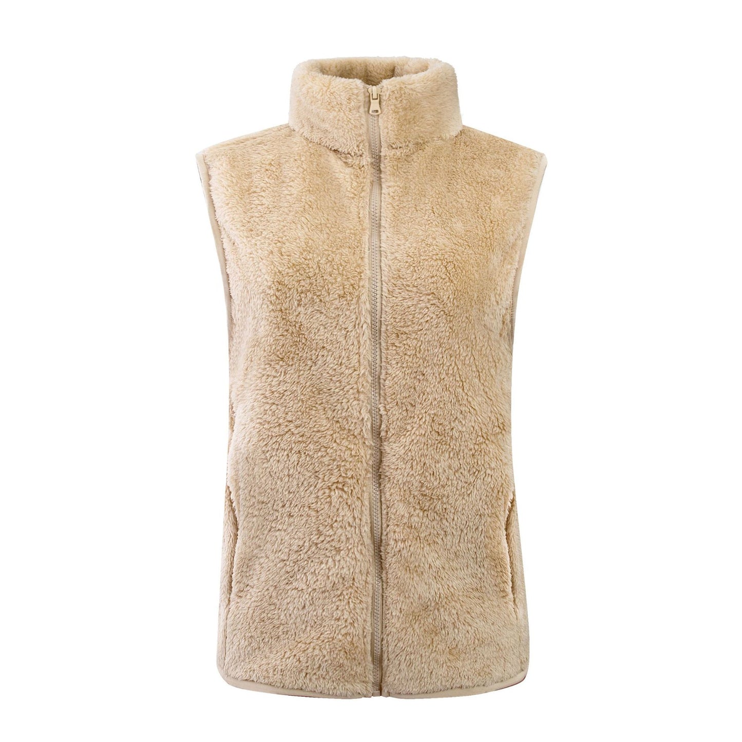 Chaleco informal de invierno de lana de color liso con cuello alto sin mangas para mujer