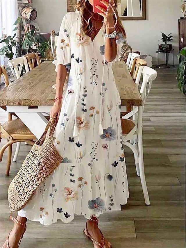 Women Casual Loose V Neck Floral Maxi Dress