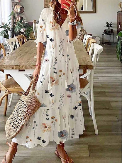 Women Casual Loose V Neck Floral Maxi Dress