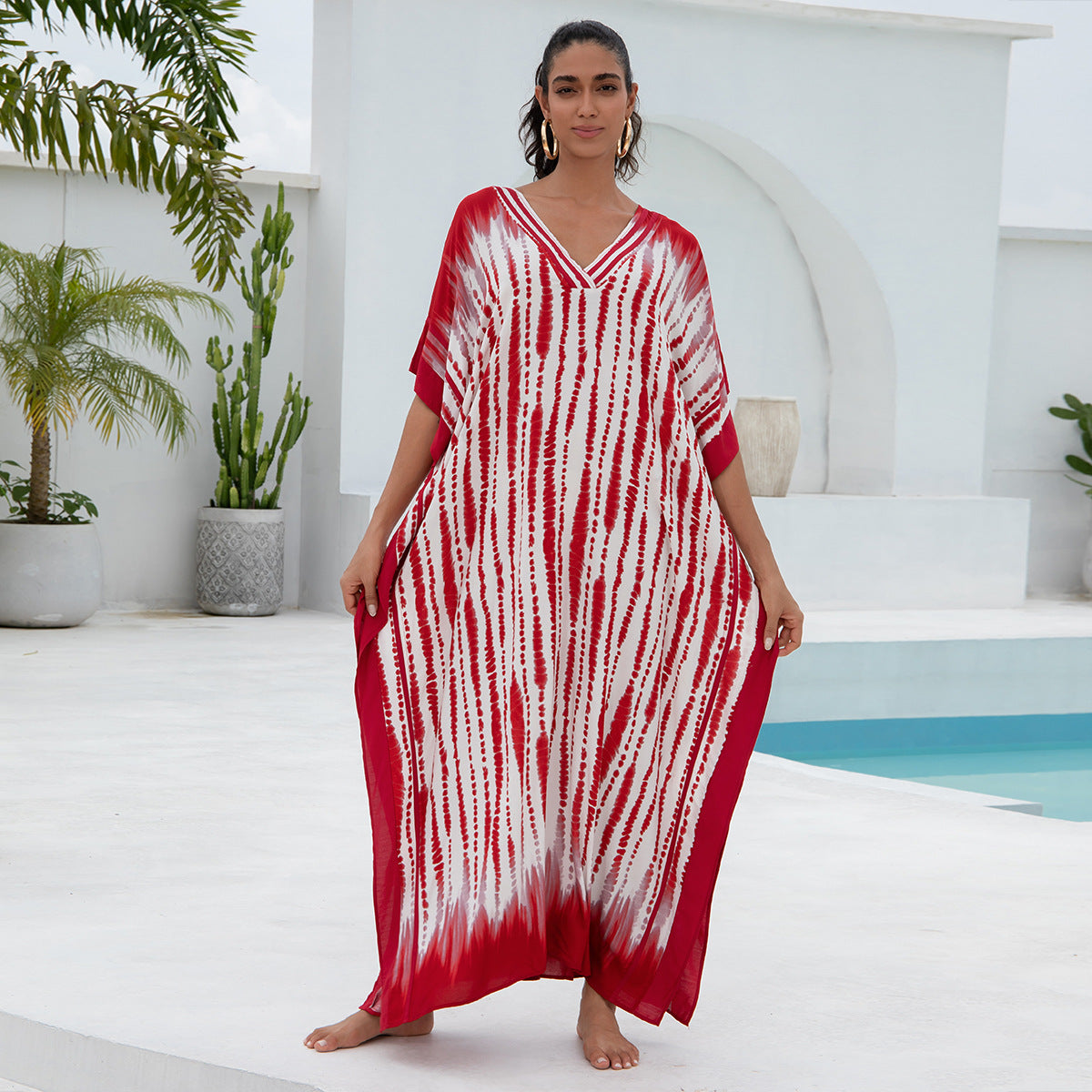Traje de baño de playa holgado con cuello en V y estampado informal para mujer