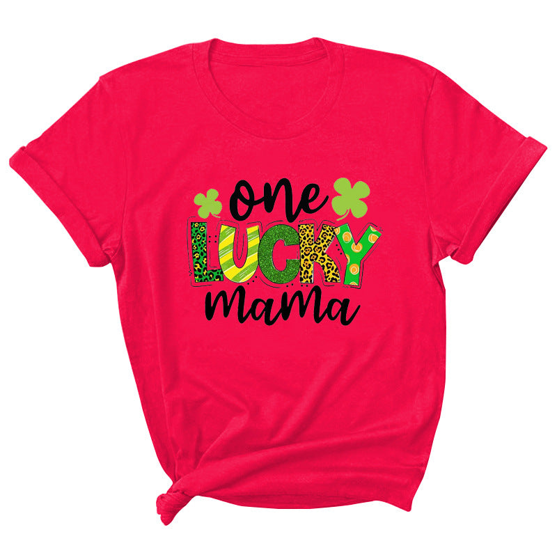 Camiseta informal de manga corta con cuello redondo y estampado de letras "One Lucky Mama" para mujer