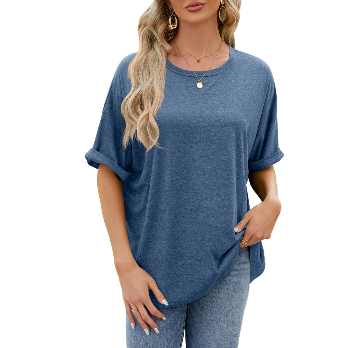 Camiseta informal de verano para mujer, color liso, cuello redondo y manga corta
